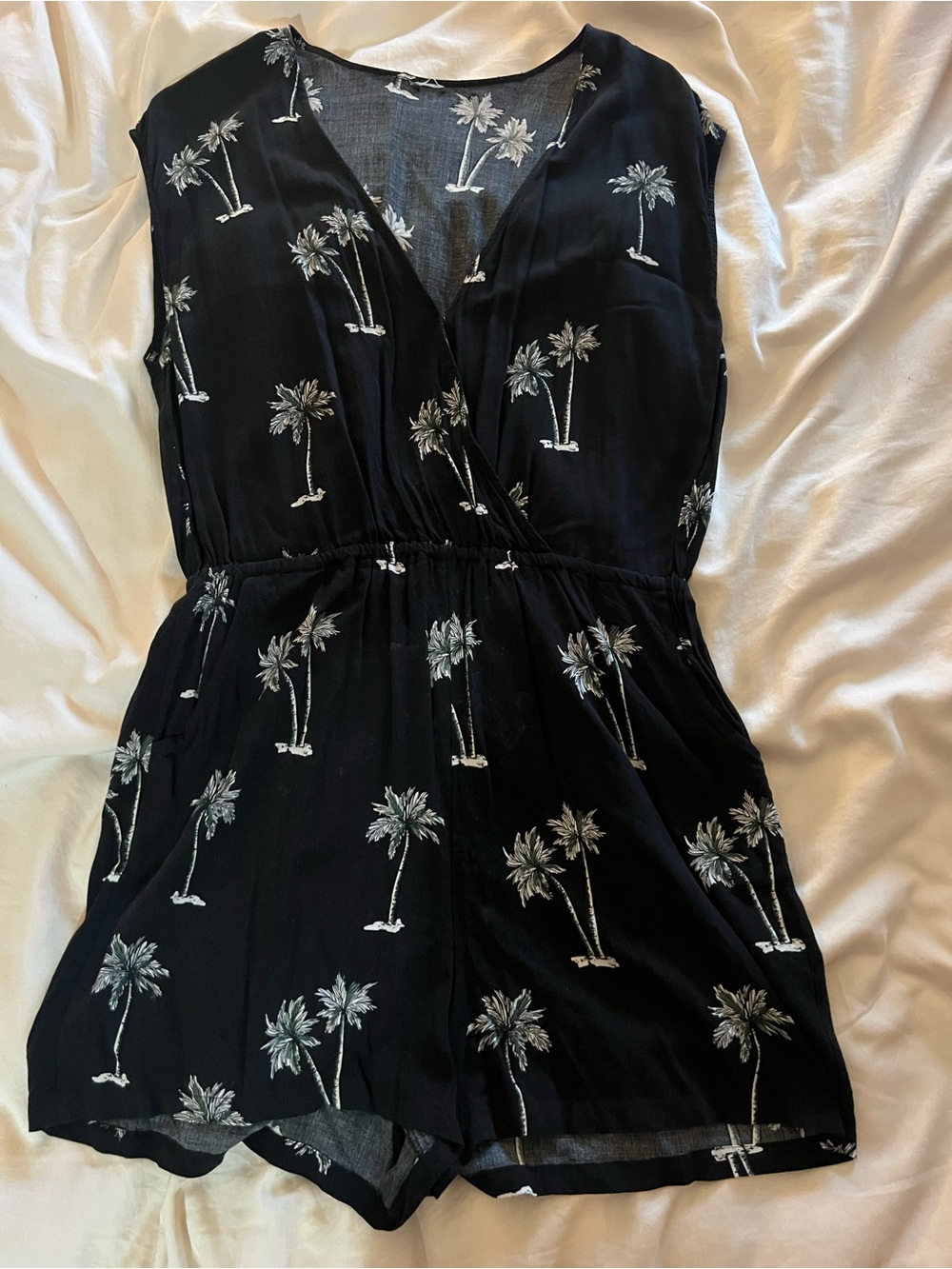 Black Palm-Print One-Piece Romper
